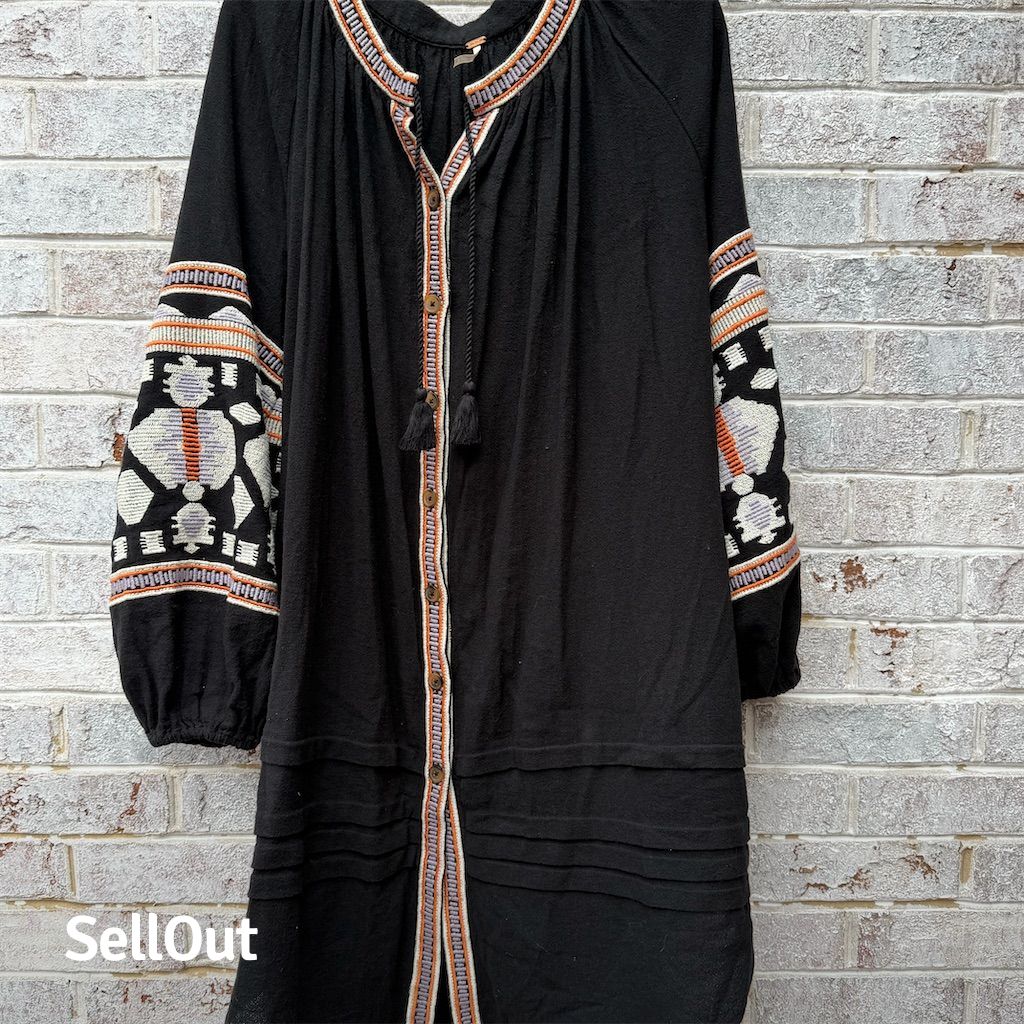 Free People Women's S Black Embroidered Boho Kaftan Dress Long Sleeve